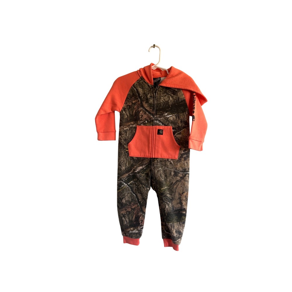 Carhartt Baby Boy 12M Mossy Oak Camo Orange Hooded Fleece Coverall Jumpsuit Zip